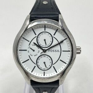Fossil Watch Men Women 40mm Silver Tone Day Date Leather Cuff BQ3066 New Battery